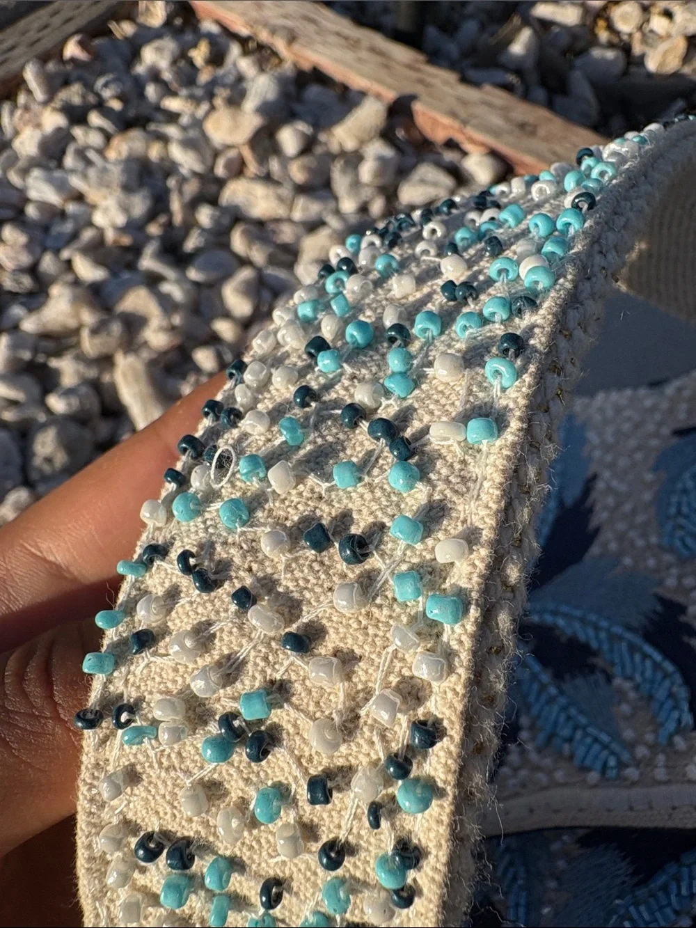 Beaded Palm Embroidered Clutch in Cream and Blue